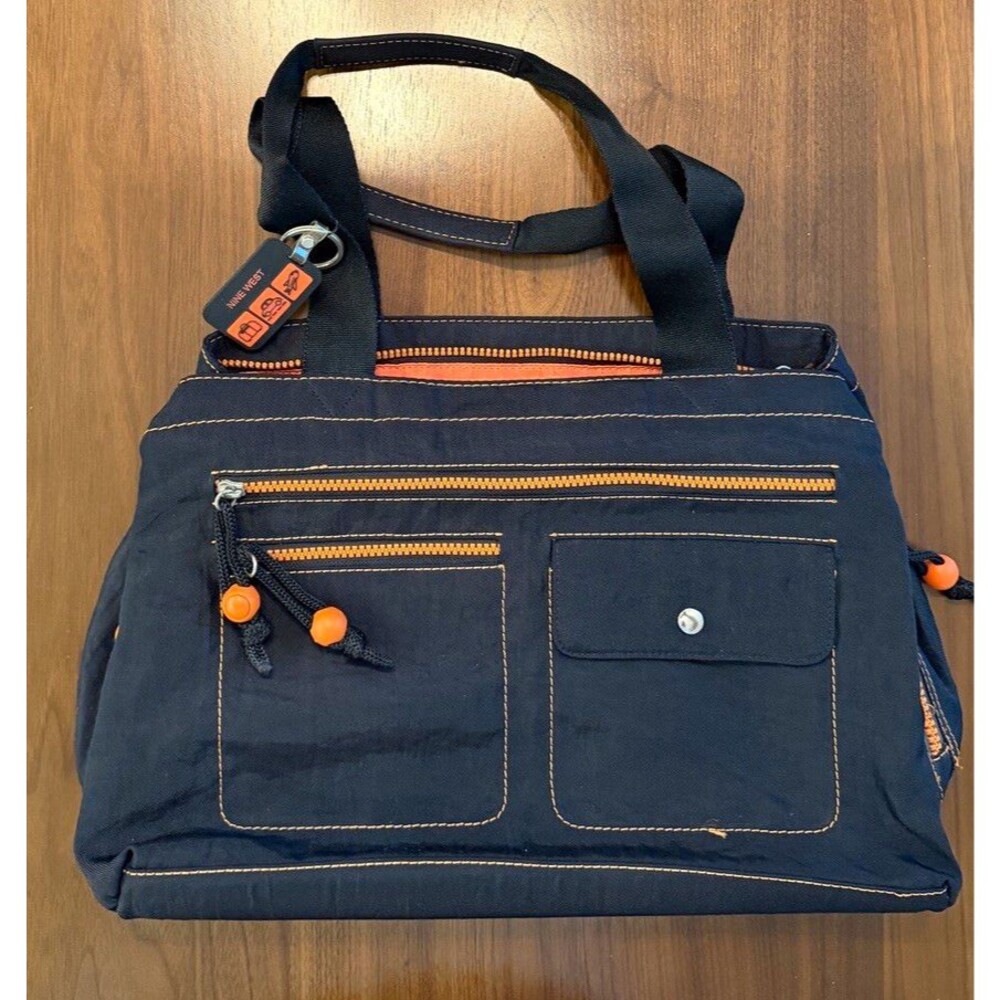 Nine West Black Large Satchel Top Handle Orange Zip Snap Lined Pockets